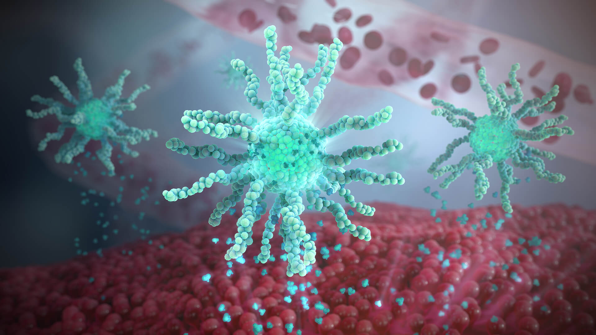 3D illustration of blue-green polymer drug conjugates releasing molecules near a red cell surface and blood cells in the background.