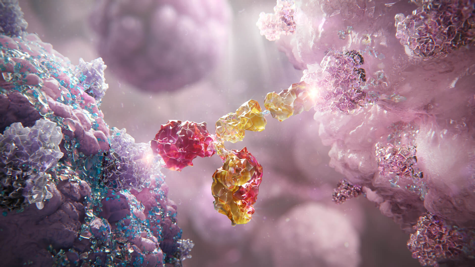 3D illustration of an antibody binding to antigens on cell surfaces, with a glowing connection between them.